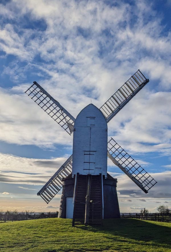 A view of the Wrawby Windmill as the sun is setting.